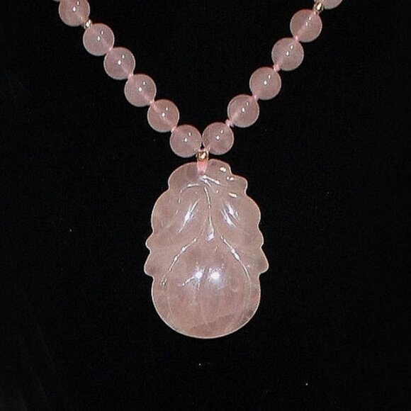 14K JADE BEAD NECKLACE - LOTUS FLOWER PENDANT - Picture 1 of 10